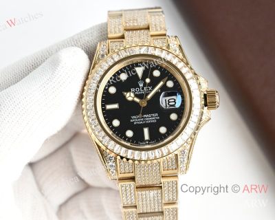 High Quality Replica Rolex Yacht-Master White with full diamonds 316 stainless steel strap Black Face Dial White with full diamonds Bezel Men Watch 40mm